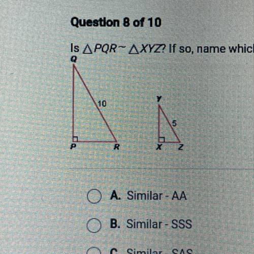Is APQR-AXYZ? If so, name which similarity postulate or theorem applies.

A. Similar - AA
B. Simil