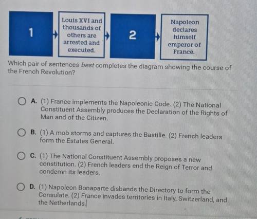 Which pair of sentences best completes the diagram showing the course of the French Revolution?

A