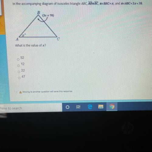 In the accompanying diagram of isosceles triangle ABC, overline AB cong overline BC , BAC =X , and
