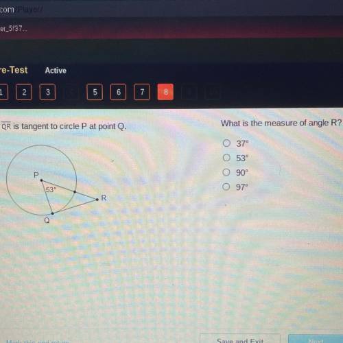 What is the measure of angle R?
O 37°
O 53°
O 90°
O 97°
HELP PLEASE
