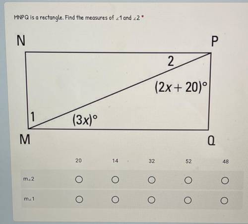 MNPQ is a rectangle. Find the measure of <1 and <2