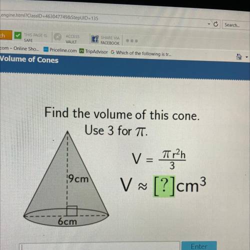 Find the volume of this cone.
Use 3 for pi