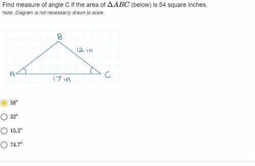 Find measure of angle C if the area of (below) is 54 square inches.