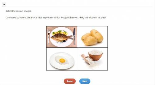 Select the correct images.

Dan wants to have a diet that is high in protein. Which food(s) is he