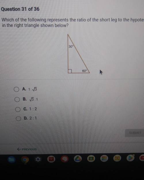 Which of the following represents the ratio of the short leg to the hypotenuse in the right triangl