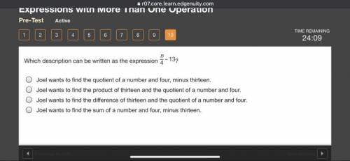 Which description can be written as the expression StartFraction n Over 4 EndFraction minus 13?