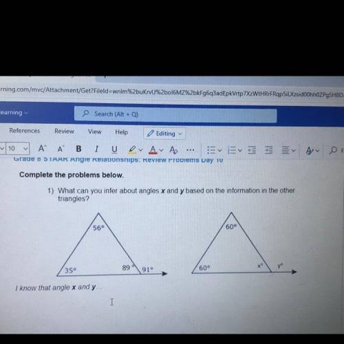 What can you infer about angles x and y based on the information in the other triangles?