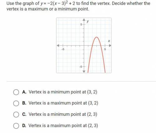 Use the graph of y=-2(x-3)^2+2 to find the vertex. Decide whether the vertex is a maximum or a mini