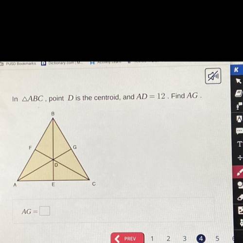 In AABC, point D is the centroid, and AD= 12. Find AG