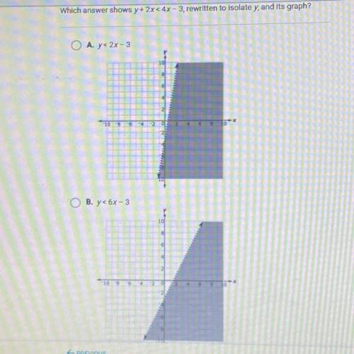 HELP ASAP?

the two answers not showing on screen are
C:y<6x-3
D:y<6-3