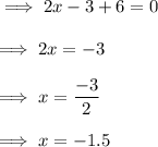 \implies 2x -3 +6 =0\\\\\implies 2x = -3 \\\\\implies x =\dfrac{-3}{2} \\\\\implies x =-1.5