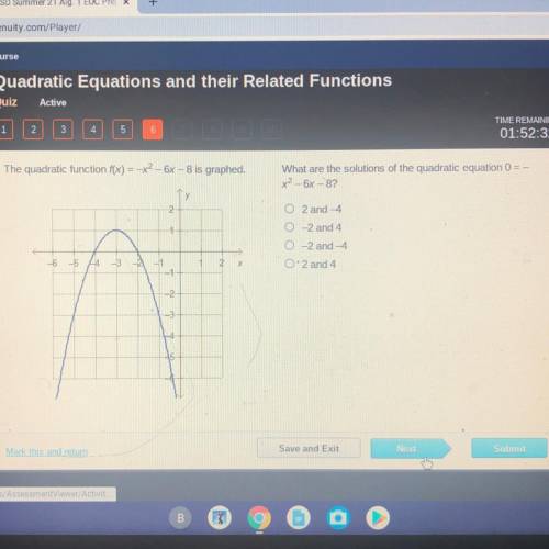 The quadratic function f(x) = -x2 - 6x - 8 is graphed.

What are the solutions of the quadratic eq