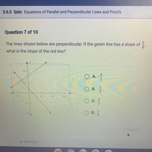 The lines shown below are perpendicular. If the green line has a slope of .

what is the slope of