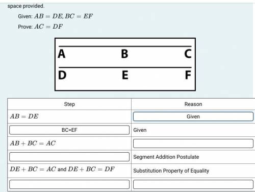 Fill in the blink

Given ,Simplify ,BC=EF ,Multiplication Property of Equality ,Substitution Prope