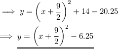 \implies y = \bigg( x + \dfrac{9}{2}\bigg)^2 + 14 - 20.25 \\\\\implies \underline{\underline{ y = \bigg( x + \dfrac{9}{2}\bigg)^2 - 6.25 }}