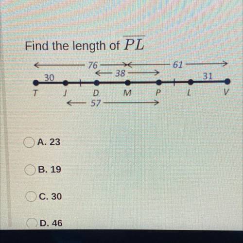 Find the length of PL
A. 23
B. 19
C. 30
D. 46