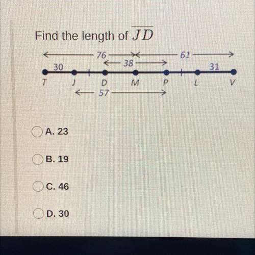 Find the length of JD
A. 23
B. 19
C. 46
D. 30