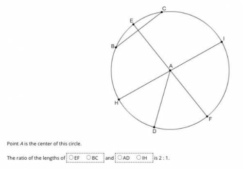 F

D
Point A is the center of this circle.
The ratio of the lengths of OEF
OBC
and RAD OIH is 2:1.