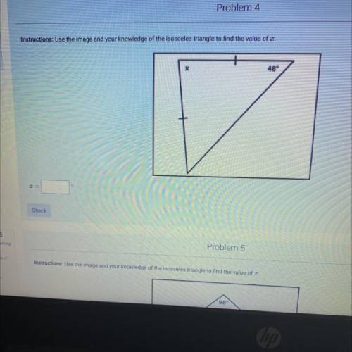 Use the image and your knowledge of the isosceles triangle to find the value of x