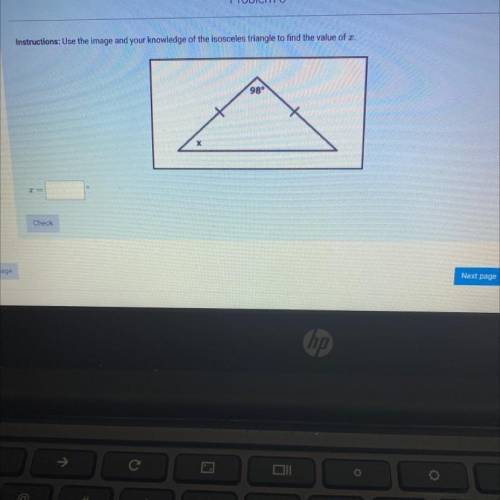 Use the image and your knowledge of the isosceles triangle to find the value of x