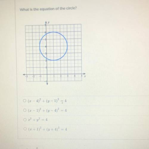 What is the equation of the circle?

-3 -2 -1
O (2 – 4)² + (y - 1) = 4
O (2 - 1)² + (y – 4) = 4
o
