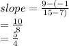 slope =  \frac{9 - (-1}{15-7) } \\  =  \frac{10}{8} \\  =  \frac{5}{4}