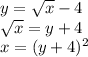y =  \sqrt{x }  - 4 \\  \sqrt{x}  = y + 4 \\ x = (y + 4) {}^{2}  \\