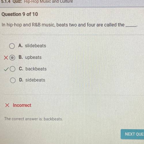 In hip-hop and R&B music, beats two and four are called the

A. slidebeats
B. upbeats
C. backb