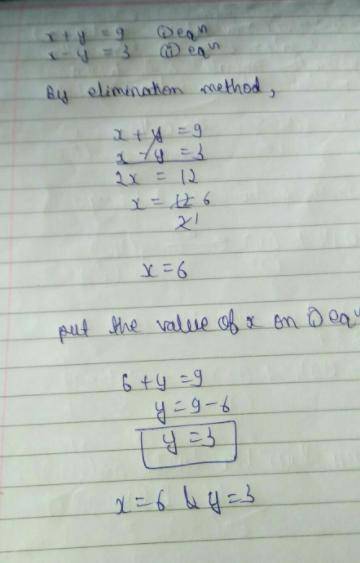 Find the value of x in x + y= 9 and x - y= 3.
6
-6
3
-3