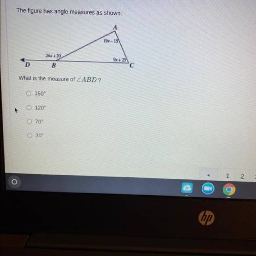 PLEASE ANSWER QUICK!!! 30 POINTS

The figure has angle measures as shown.
A
19x - 15
26x + 20
D
9x