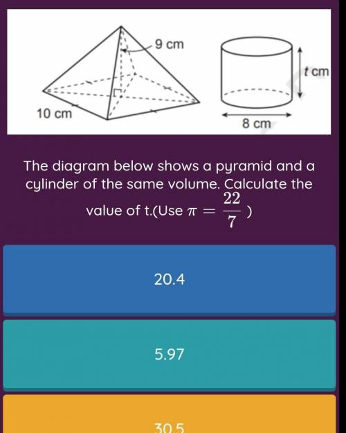 The diagram above shows a pyramid and a cylinder of the same volume calculate the value of t.

(us