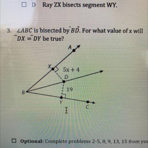 Abc is bisected by bd for what value of x will dx= day be true?