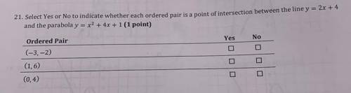 Select Yes or No to indicate whether each ordered pair is a point of intersection between the line