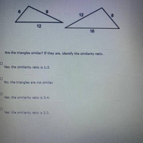 Are the triangles similar? If they are, identify the similarity ratio.