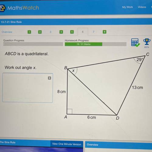 ABCD is a quadrilateral.

С
299
Work out angle x.
+
13 cm
8 cm
А
6 cm
D