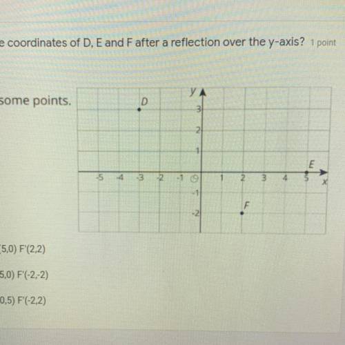 6.) What are the coordinates of D, E and F after a reflection over the y-axis?

D'(-3,-3) E (5,0)