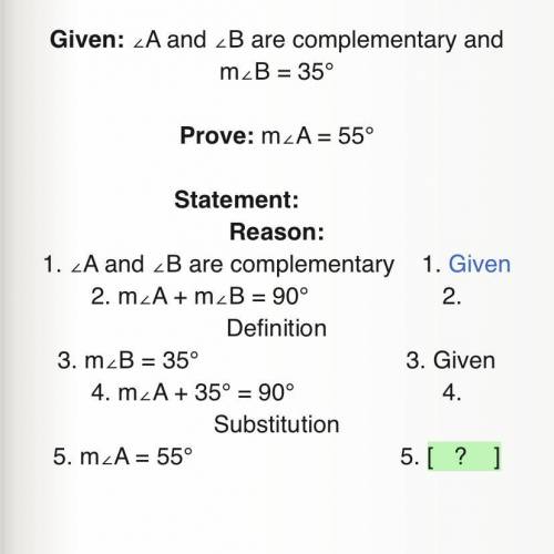 PLEASE HELP ME ASAP

Select the reason that best supports statement 5 in the given proof.
A. Trans