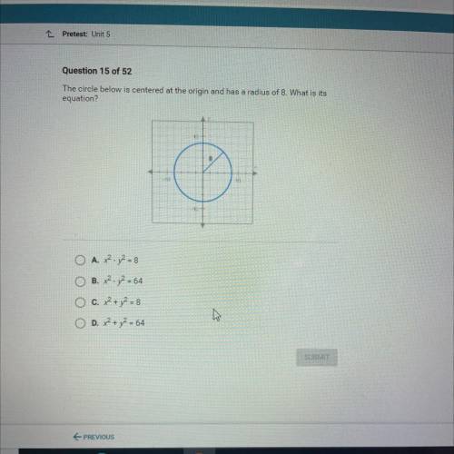 The circle below is centered at the origin and has a radius of 8. What is the equation