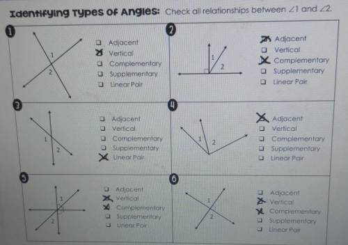 Identifying Types Of Angles: Check all relationships between angle 1 and angle 2. ​

Am I doing th