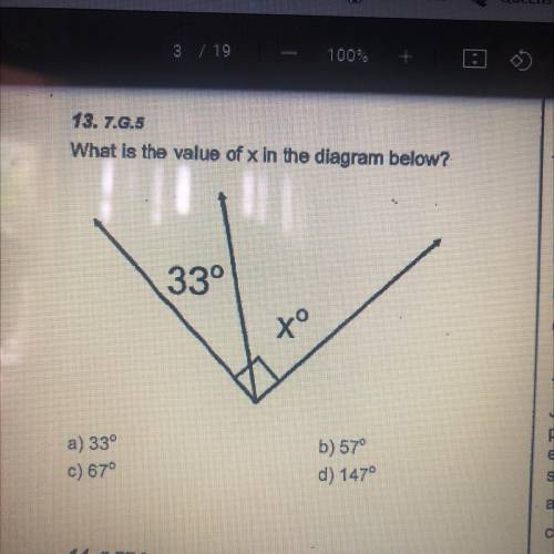 What is the value of x in the diagram below?

a) 33 °
c) 67°
b) 57°
d) 147°