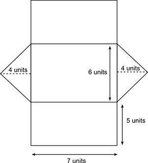 The net of an isosceles triangular prism is shown here. What is the surface area, in square units,