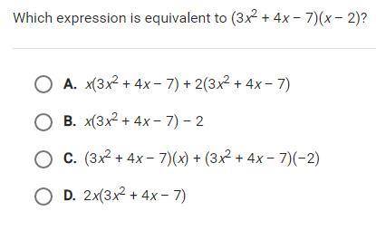 Which expression is equivalent to (3x^2+4x-7)(x-2)