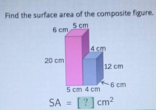 Find the surface area of the composite figure.

5 cm 6 cm 4 cm 20 cm 12 cm 6 cm 5 cm 4 cm SA = [?]