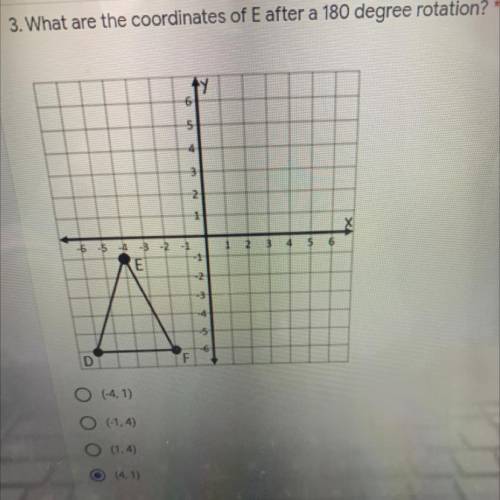 What are the coordinates of E after a 180 degree rotation?
