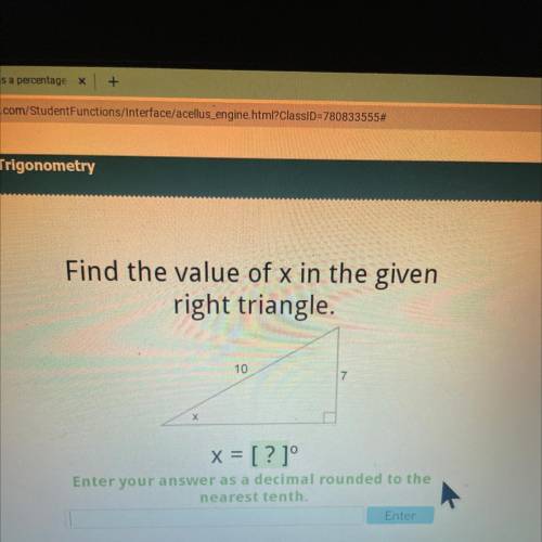 Find the value of x given in the right triangle