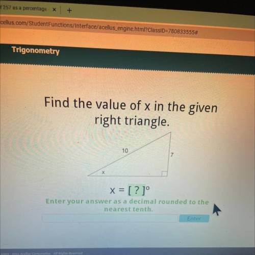 Find the value of x given in the right triangle