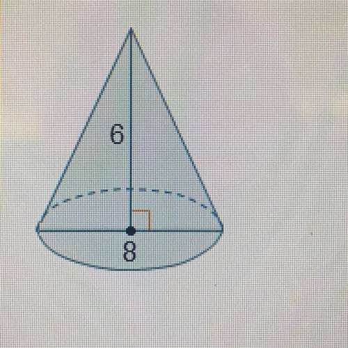 The diameter of the base is the cone measured 8 units. The height measures 6 units.

What is the v