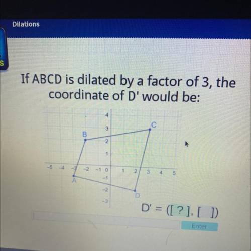 If ABCD is dilated by a factor of 3, the

coordinate of D' would be:
4
с
3
B
2
1
-5
-4
-3
-2
-1 0