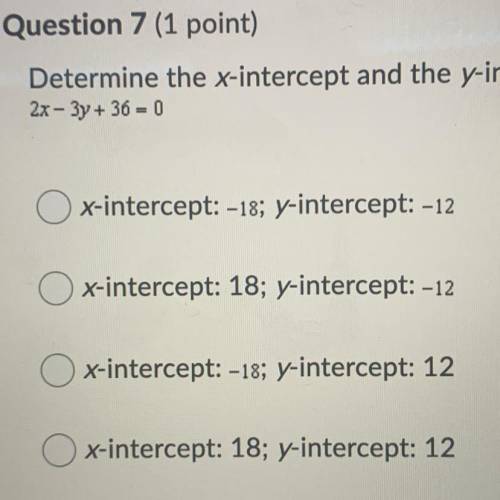 Determine the x-intercept and the y-intercept for the graph of this equation:
2x - 3y + 36 = 0