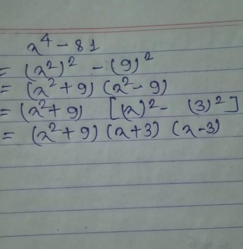 Factor x4 – 81. Question 20 options: A) (x2 + 3)(x2 – 3) B) (x2 – 9)(x + 3)(x – 3) C) (x2 + 9)(x + 3
